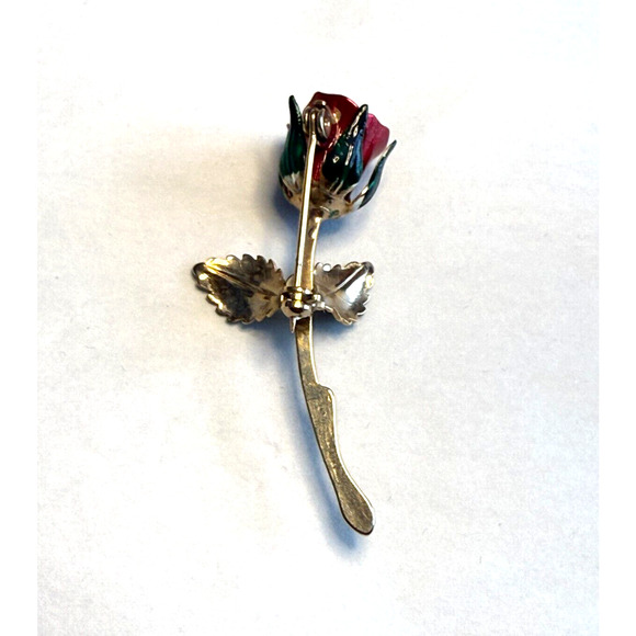 Vintage Red and Green Enamel Long Rose Stem on Gold-Tone Brooch Pin Floral - Picture 3 of 5